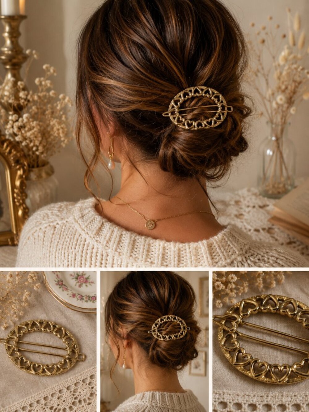 Vintage Gold Tone Open Heart Hair Slide Barrette | Romantic Cottagecore Hair